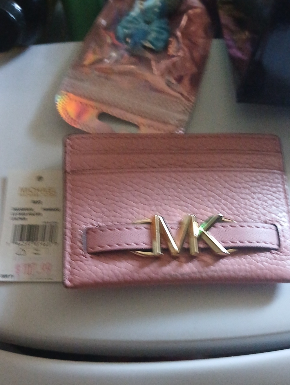 Michael Kors Rose Pink Pebbled Leather Card Holder with Gold MK Logo